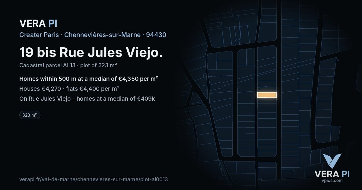 19 bis Rue Jules Viejo, Chennevières-sur-Marne at night – the plot lit, the parcels around coloured by the prices near them