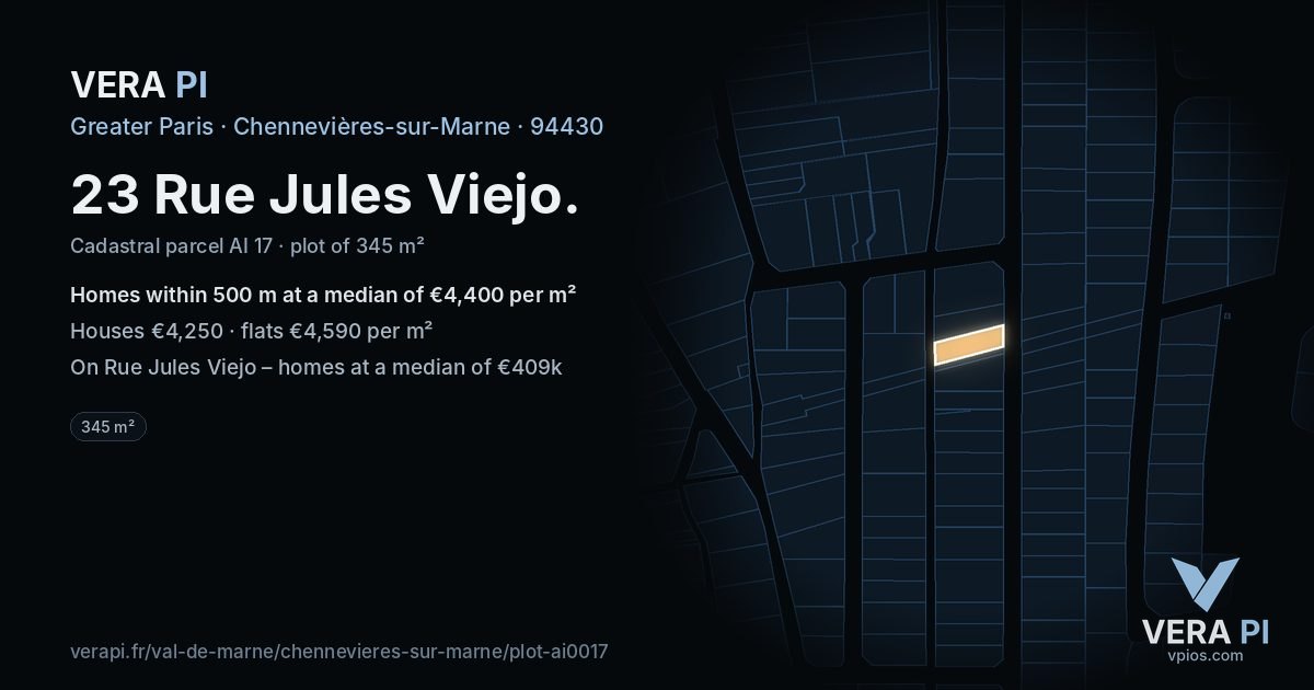 23 Rue Jules Viejo, Chennevières-sur-Marne at night – the plot lit, the parcels around coloured by the prices near them