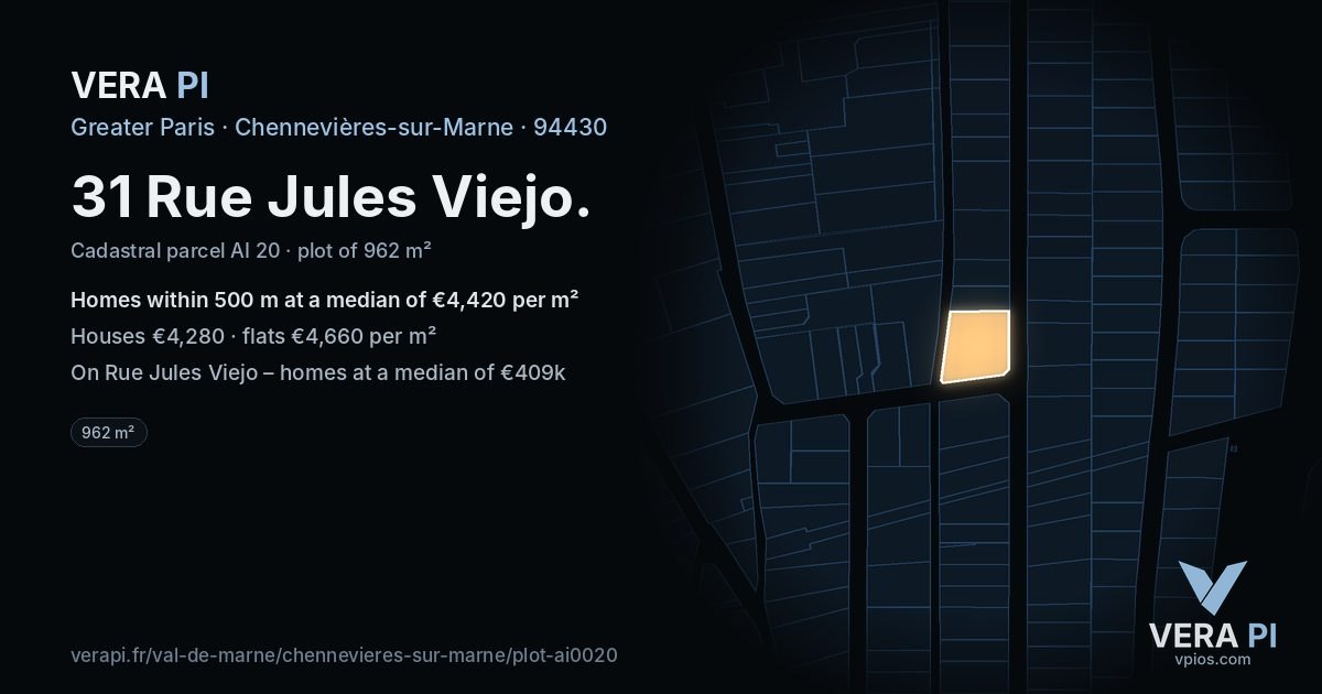 31 Rue Jules Viejo, Chennevières-sur-Marne at night – the plot lit, the parcels around coloured by the prices near them