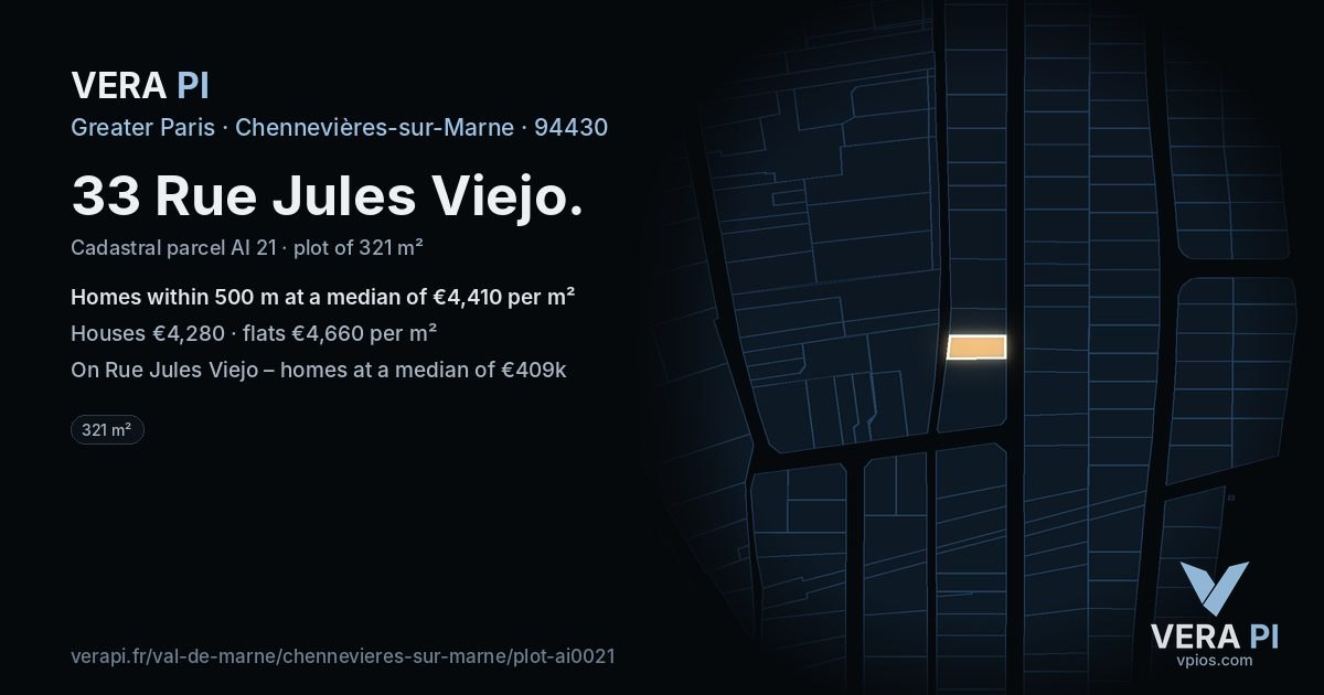 33 Rue Jules Viejo, Chennevières-sur-Marne at night – the plot lit, the parcels around coloured by the prices near them