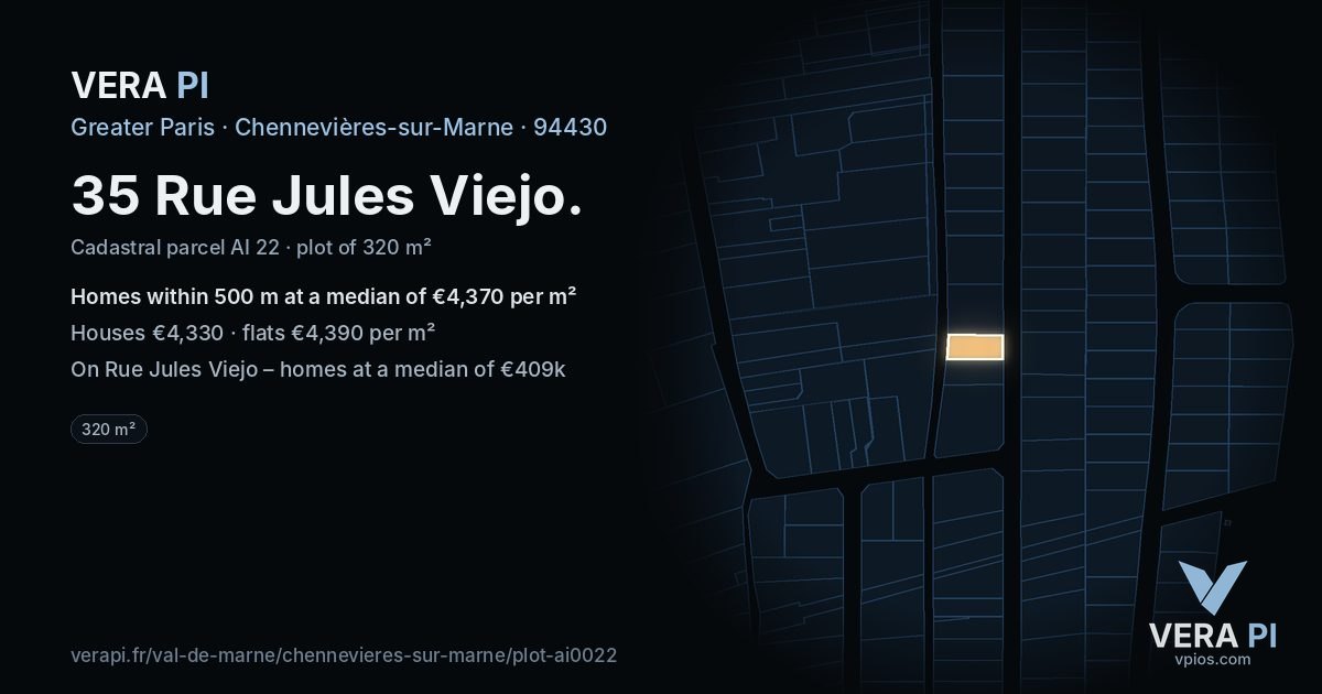 35 Rue Jules Viejo, Chennevières-sur-Marne at night – the plot lit, the parcels around coloured by the prices near them
