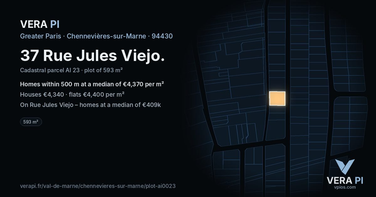 37 Rue Jules Viejo, Chennevières-sur-Marne at night – the plot lit, the parcels around coloured by the prices near them