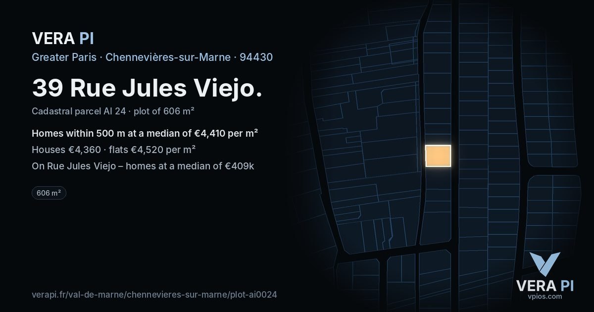 39 Rue Jules Viejo, Chennevières-sur-Marne at night – the plot lit, the parcels around coloured by the prices near them