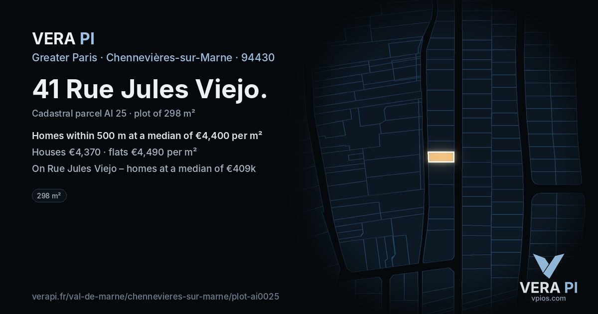 41 Rue Jules Viejo, Chennevières-sur-Marne at night – the plot lit, the parcels around coloured by the prices near them