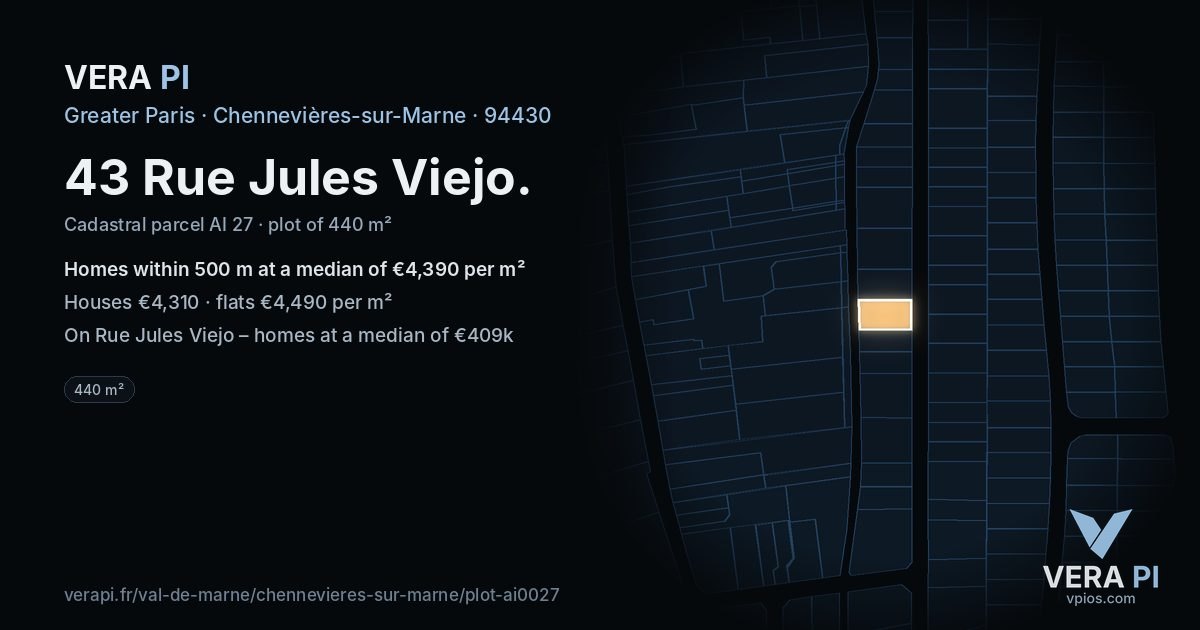 43 Rue Jules Viejo, Chennevières-sur-Marne at night – the plot lit, the parcels around coloured by the prices near them
