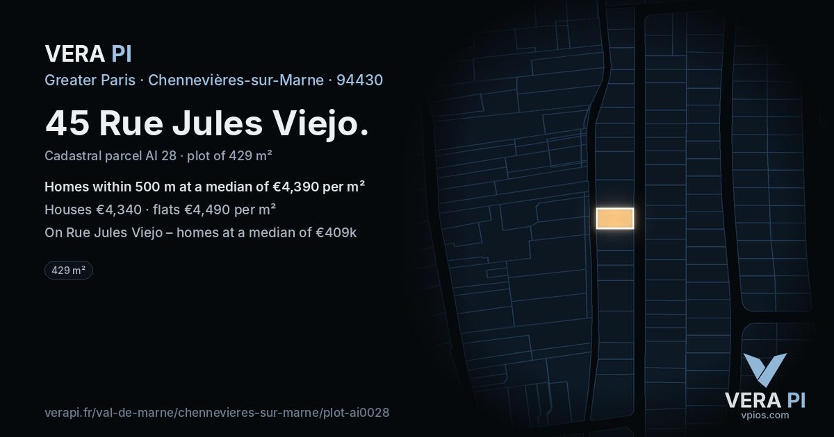 45 Rue Jules Viejo, Chennevières-sur-Marne at night – the plot lit, the parcels around coloured by the prices near them
