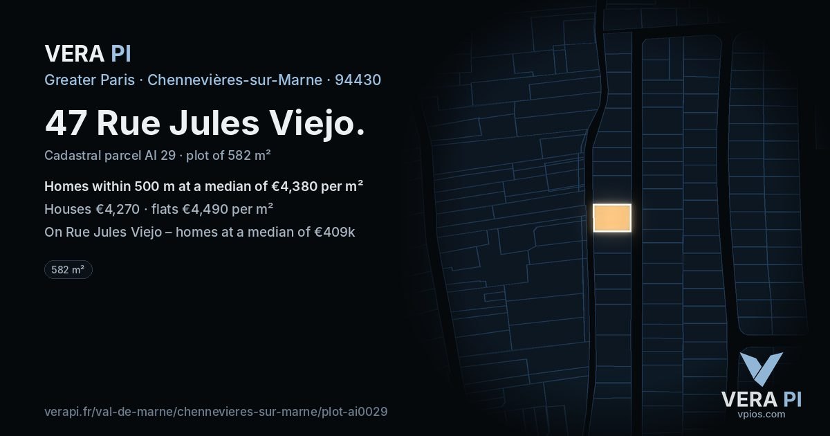47 Rue Jules Viejo, Chennevières-sur-Marne at night – the plot lit, the parcels around coloured by the prices near them