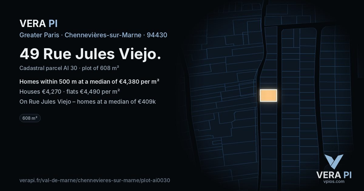 49 Rue Jules Viejo, Chennevières-sur-Marne at night – the plot lit, the parcels around coloured by the prices near them
