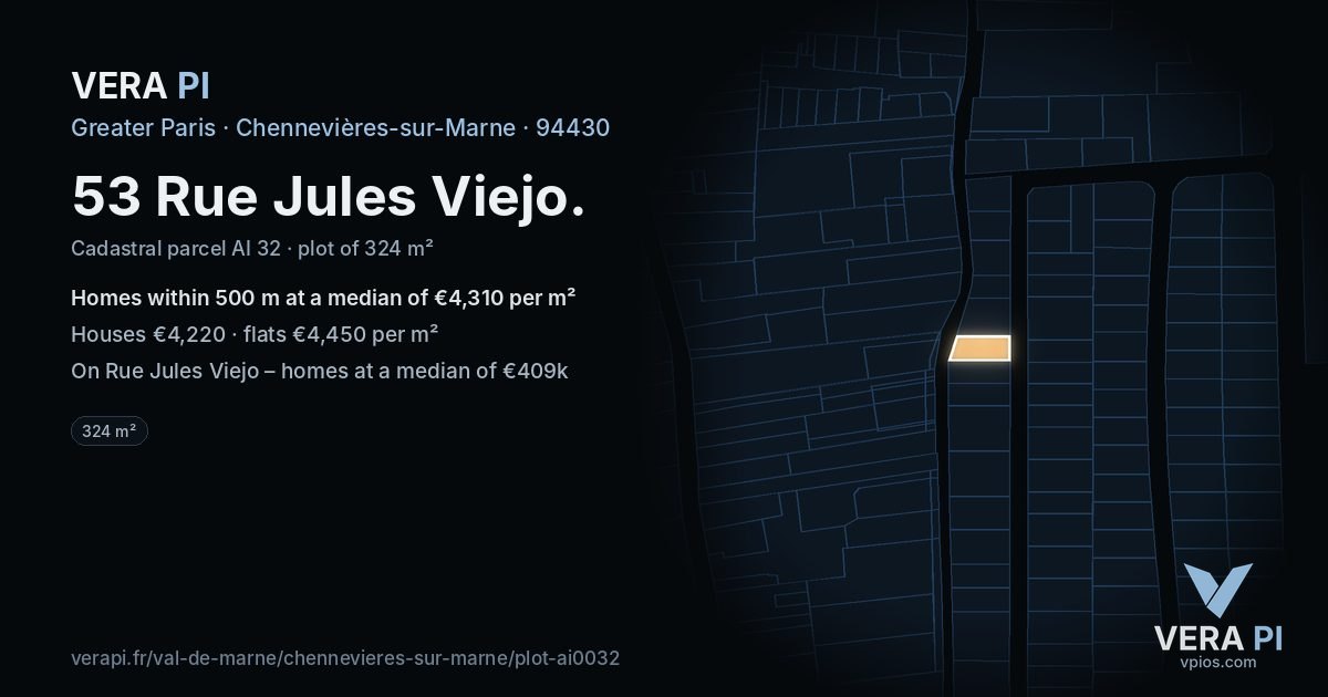 53 Rue Jules Viejo, Chennevières-sur-Marne at night – the plot lit, the parcels around coloured by the prices near them