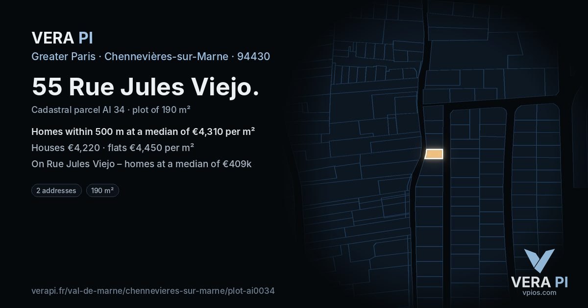 55 Rue Jules Viejo, Chennevières-sur-Marne at night – the plot lit, the parcels around coloured by the prices near them