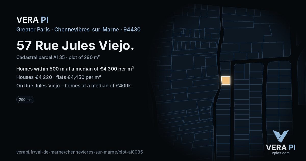 57 Rue Jules Viejo, Chennevières-sur-Marne at night – the plot lit, the parcels around coloured by the prices near them