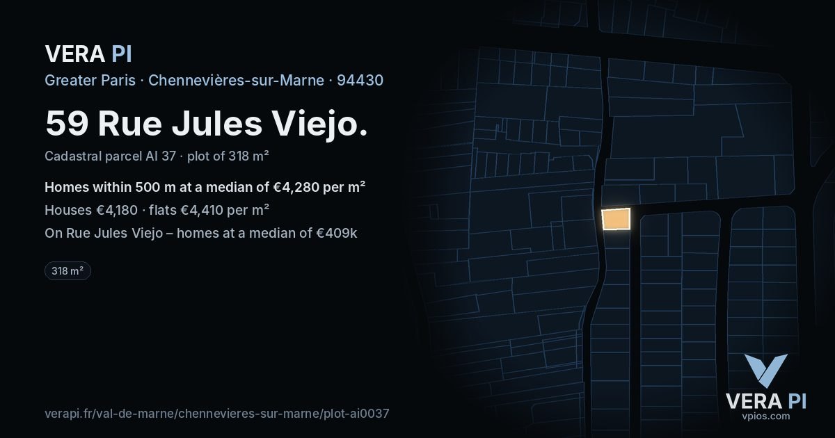 59 Rue Jules Viejo, Chennevières-sur-Marne at night – the plot lit, the parcels around coloured by the prices near them