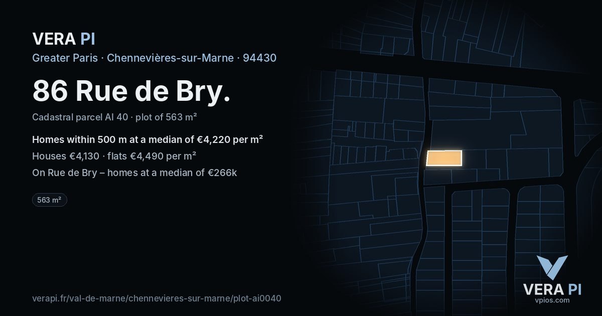 86 Rue de Bry, Chennevières-sur-Marne at night – the plot lit, the parcels around coloured by the prices near them