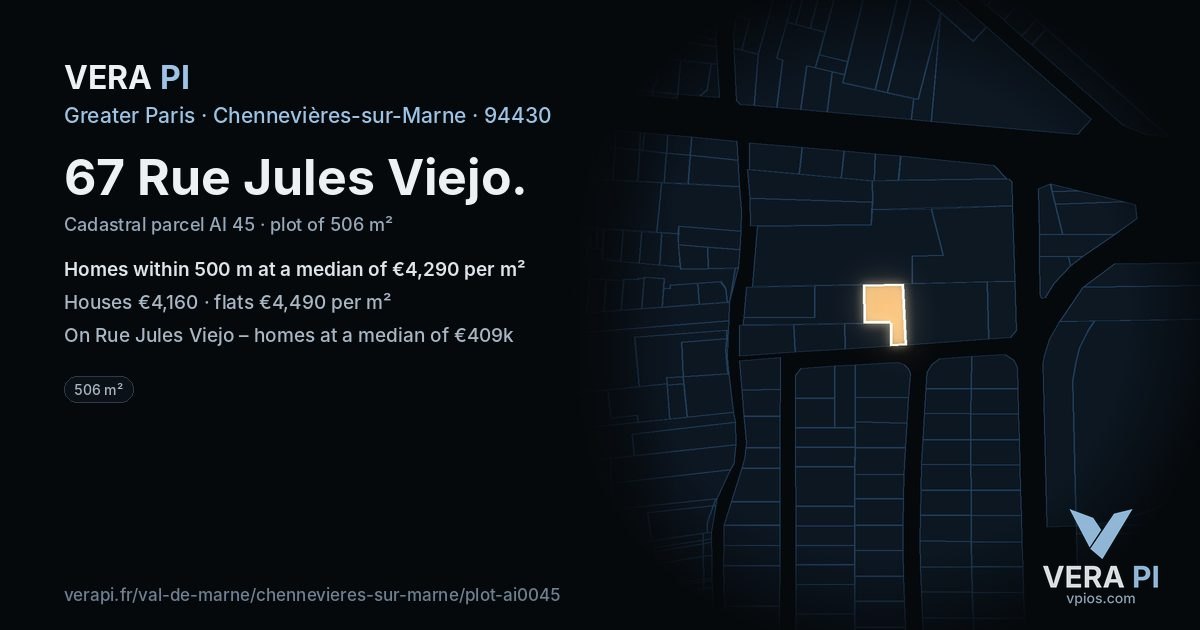 67 Rue Jules Viejo, Chennevières-sur-Marne at night – the plot lit, the parcels around coloured by the prices near them