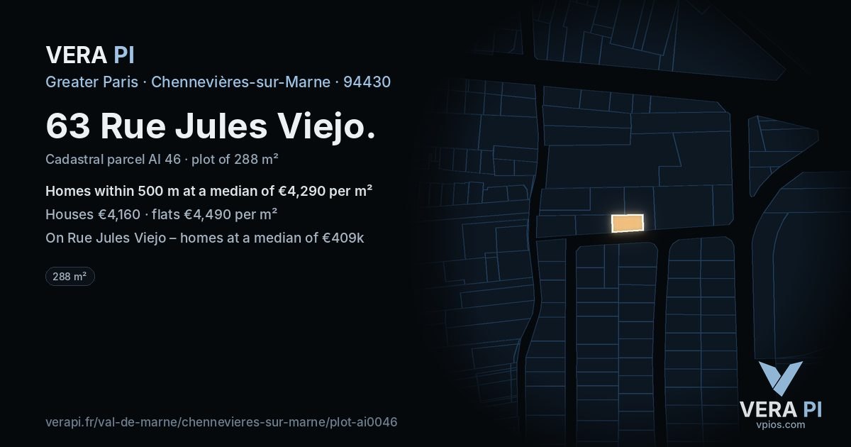 63 Rue Jules Viejo, Chennevières-sur-Marne at night – the plot lit, the parcels around coloured by the prices near them