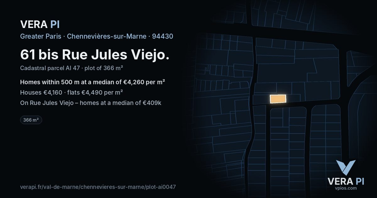 61 bis Rue Jules Viejo, Chennevières-sur-Marne at night – the plot lit, the parcels around coloured by the prices near them