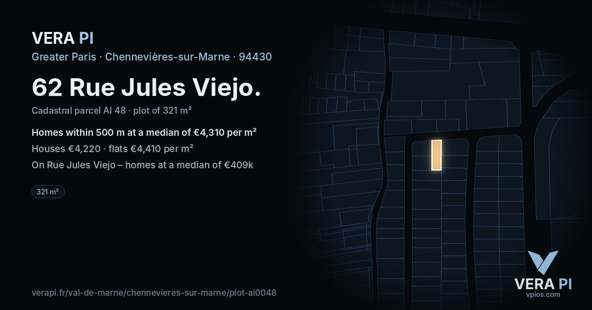 62 Rue Jules Viejo, Chennevières-sur-Marne at night – the plot lit, the parcels around coloured by the prices near them