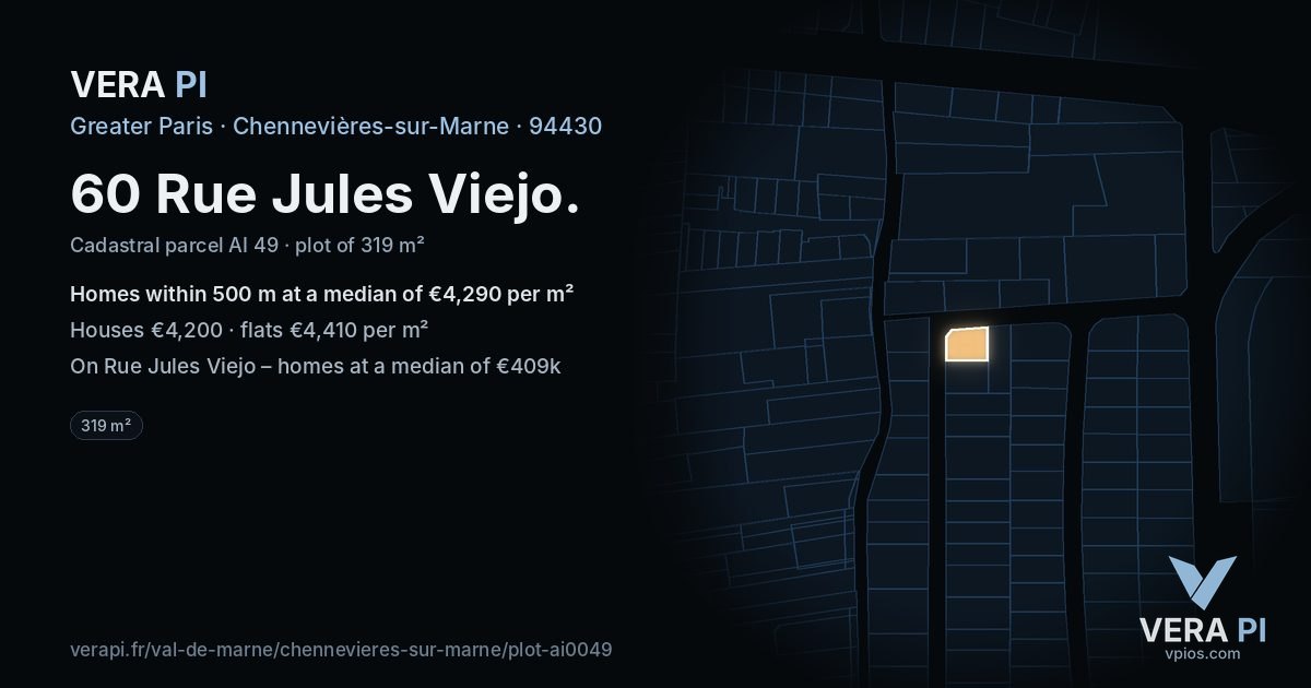 60 Rue Jules Viejo, Chennevières-sur-Marne at night – the plot lit, the parcels around coloured by the prices near them