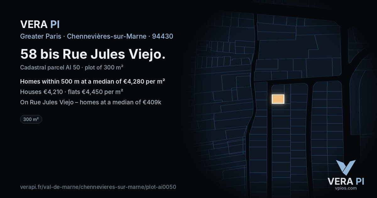 58 bis Rue Jules Viejo, Chennevières-sur-Marne at night – the plot lit, the parcels around coloured by the prices near them