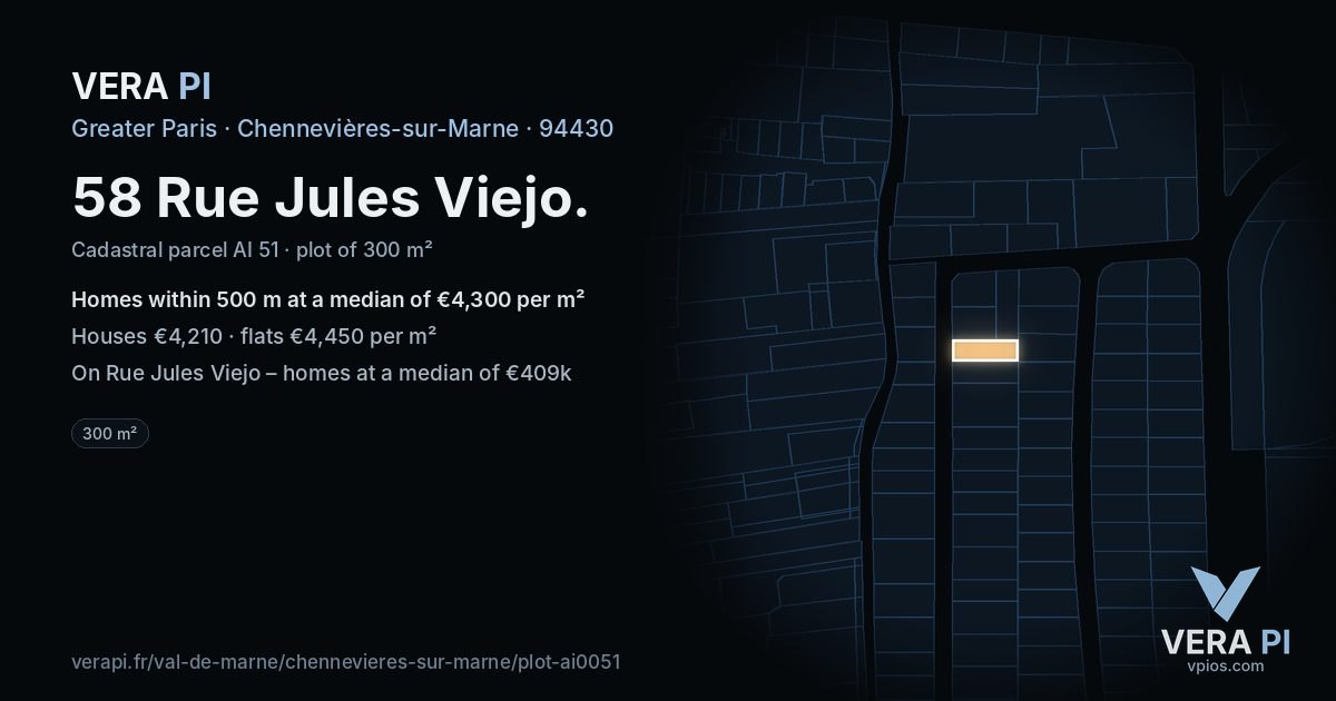 58 Rue Jules Viejo, Chennevières-sur-Marne at night – the plot lit, the parcels around coloured by the prices near them