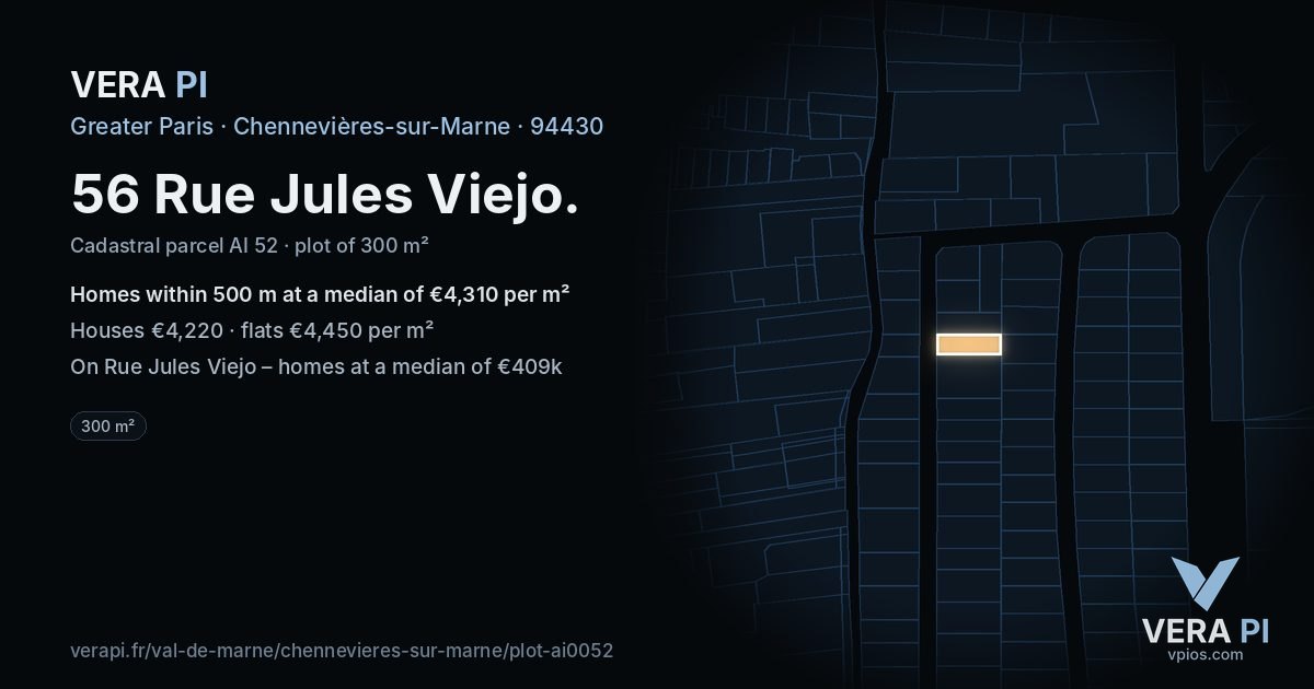 56 Rue Jules Viejo, Chennevières-sur-Marne at night – the plot lit, the parcels around coloured by the prices near them