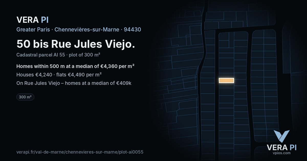 50 bis Rue Jules Viejo, Chennevières-sur-Marne at night – the plot lit, the parcels around coloured by the prices near them