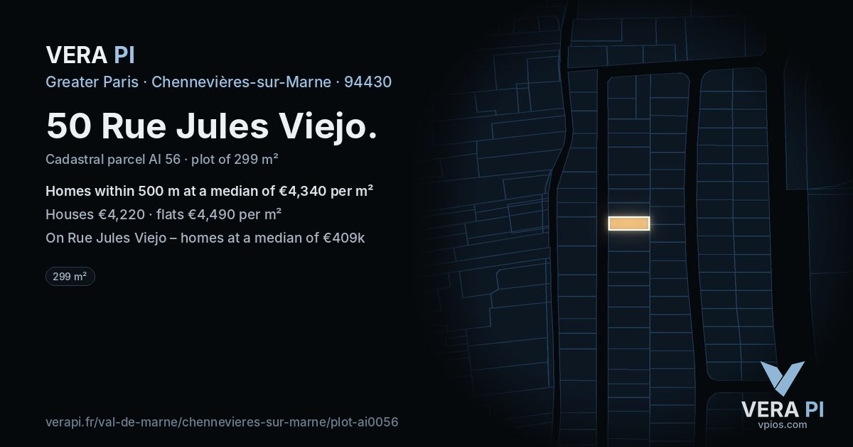 50 Rue Jules Viejo, Chennevières-sur-Marne at night – the plot lit, the parcels around coloured by the prices near them
