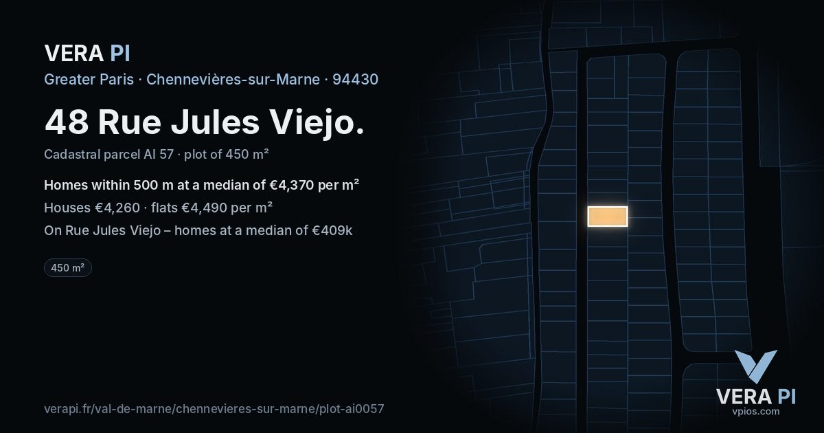48 Rue Jules Viejo, Chennevières-sur-Marne at night – the plot lit, the parcels around coloured by the prices near them