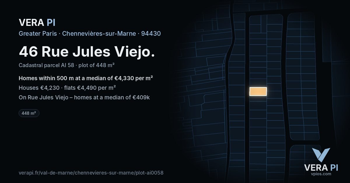 46 Rue Jules Viejo, Chennevières-sur-Marne at night – the plot lit, the parcels around coloured by the prices near them