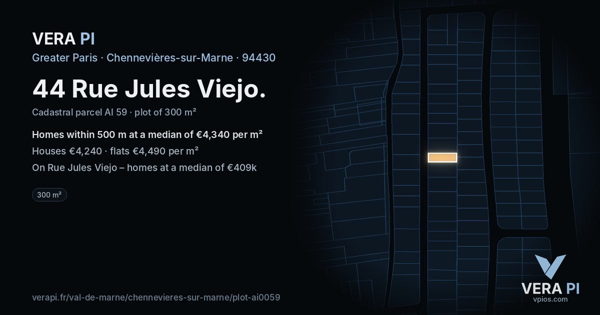 44 Rue Jules Viejo, Chennevières-sur-Marne at night – the plot lit, the parcels around coloured by the prices near them