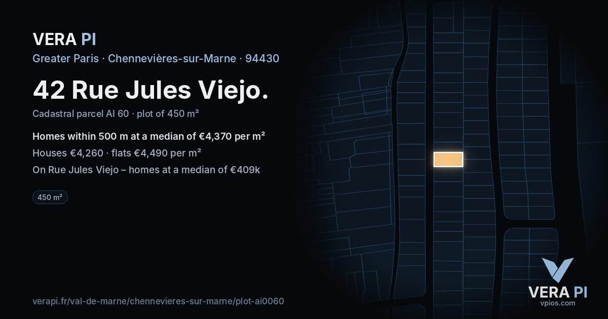 42 Rue Jules Viejo, Chennevières-sur-Marne at night – the plot lit, the parcels around coloured by the prices near them