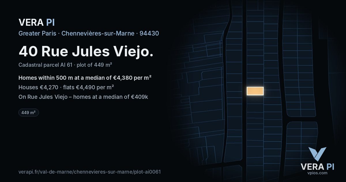 40 Rue Jules Viejo, Chennevières-sur-Marne at night – the plot lit, the parcels around coloured by the prices near them