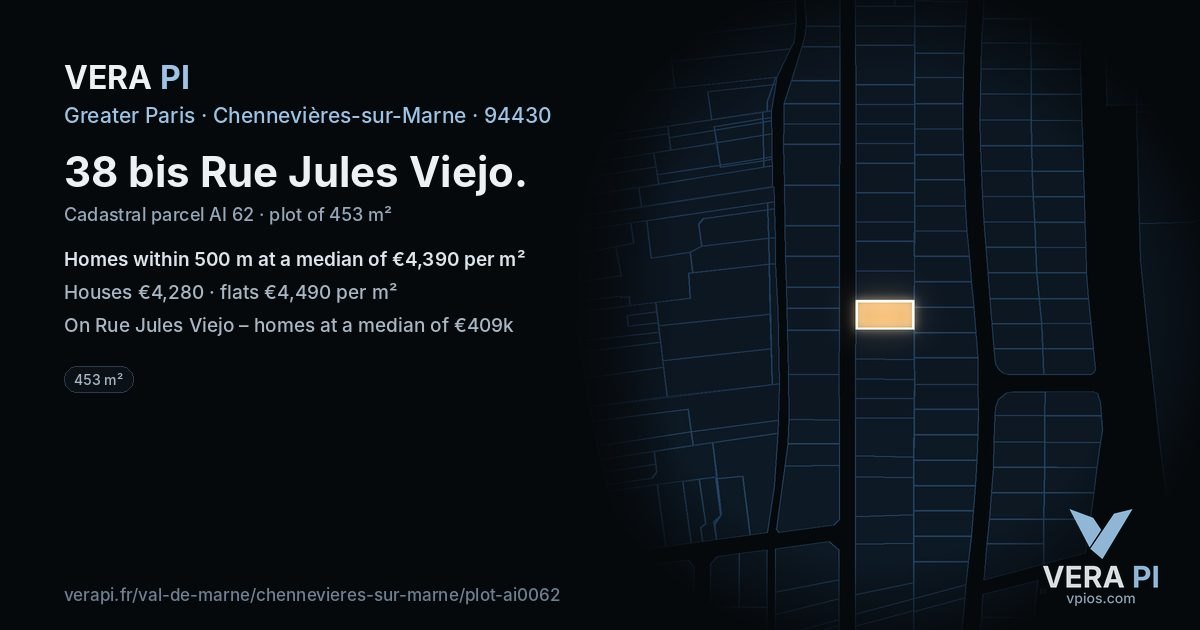 38 bis Rue Jules Viejo, Chennevières-sur-Marne at night – the plot lit, the parcels around coloured by the prices near them