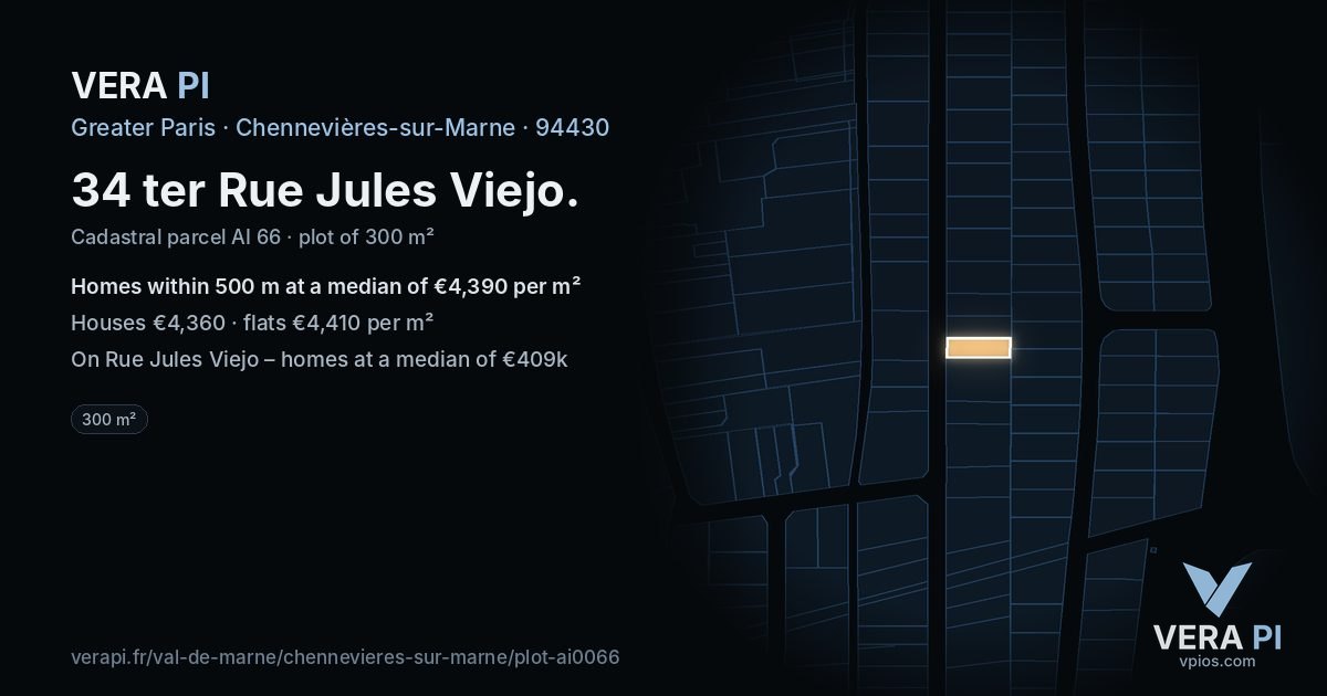 34 ter Rue Jules Viejo, Chennevières-sur-Marne at night – the plot lit, the parcels around coloured by the prices near them