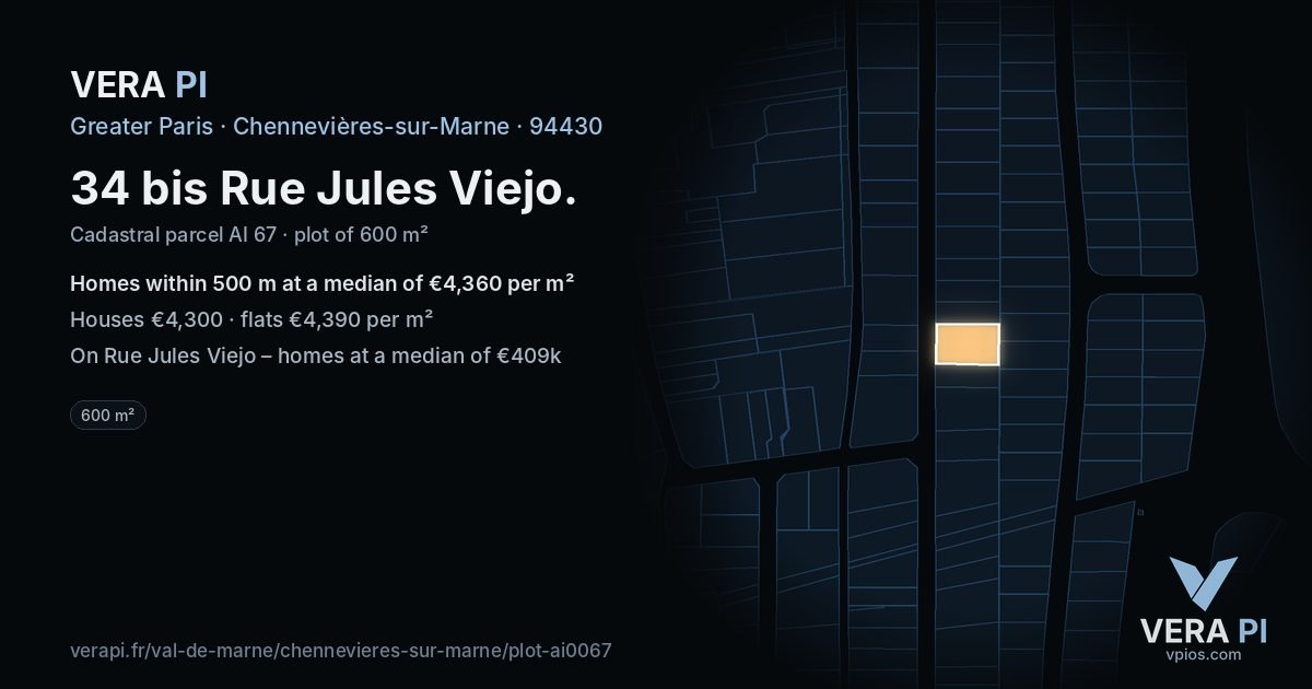 34 bis Rue Jules Viejo, Chennevières-sur-Marne at night – the plot lit, the parcels around coloured by the prices near them
