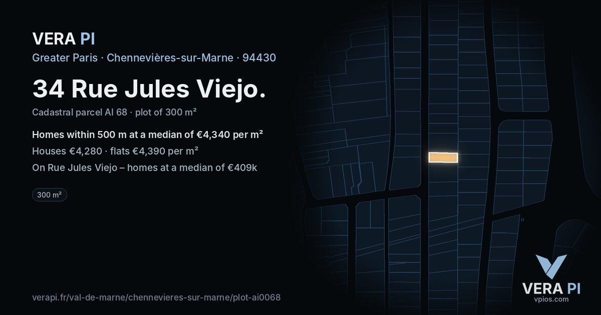 34 Rue Jules Viejo, Chennevières-sur-Marne at night – the plot lit, the parcels around coloured by the prices near them