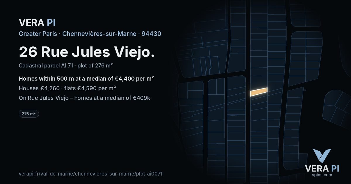 26 Rue Jules Viejo, Chennevières-sur-Marne at night – the plot lit, the parcels around coloured by the prices near them
