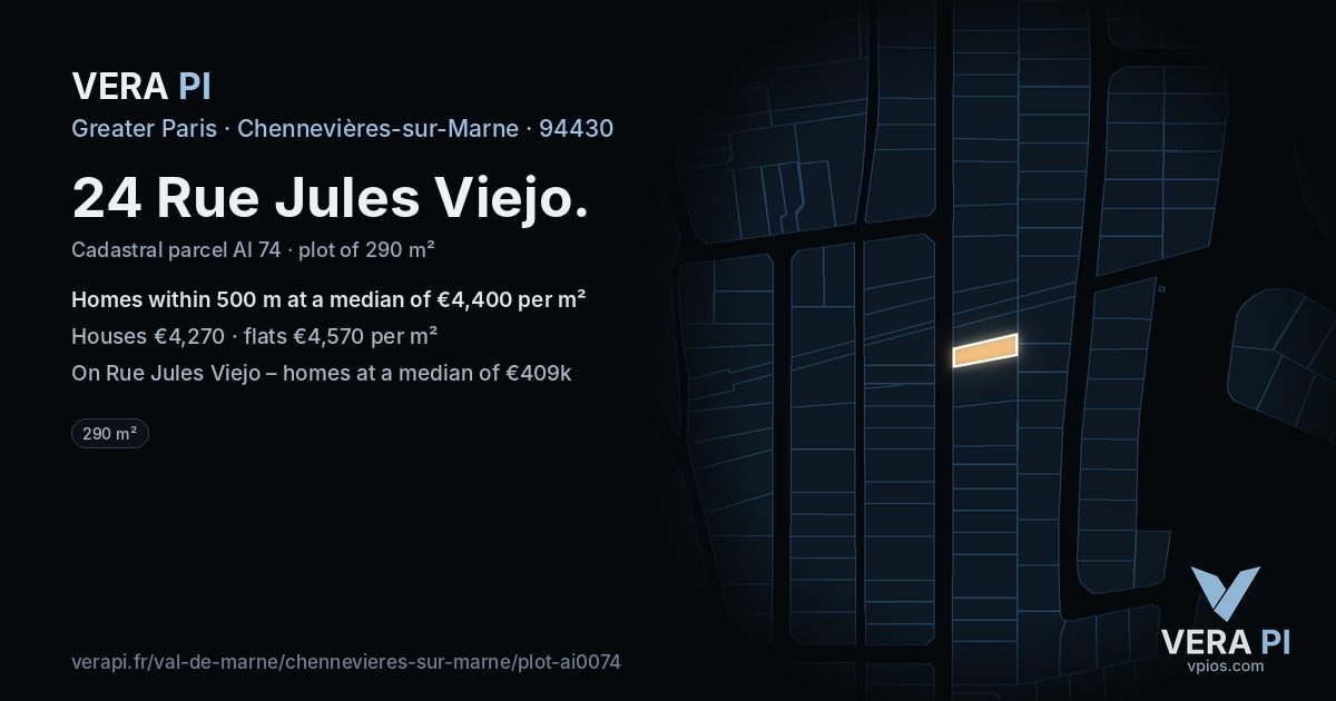 24 Rue Jules Viejo, Chennevières-sur-Marne at night – the plot lit, the parcels around coloured by the prices near them