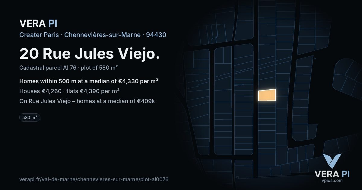 20 Rue Jules Viejo, Chennevières-sur-Marne at night – the plot lit, the parcels around coloured by the prices near them