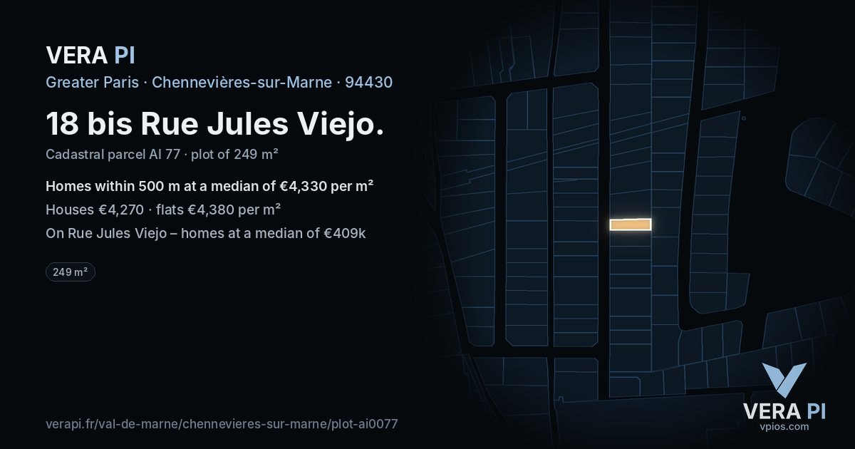 18 bis Rue Jules Viejo, Chennevières-sur-Marne at night – the plot lit, the parcels around coloured by the prices near them