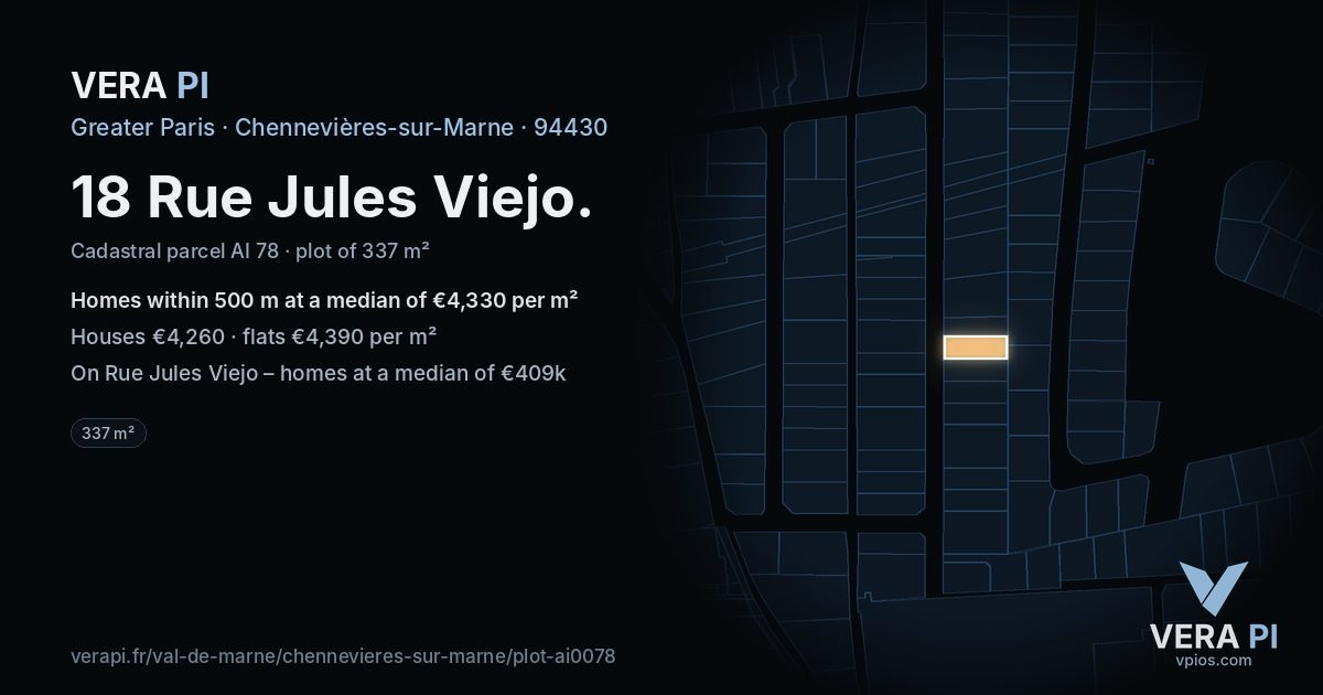 18 Rue Jules Viejo, Chennevières-sur-Marne at night – the plot lit, the parcels around coloured by the prices near them