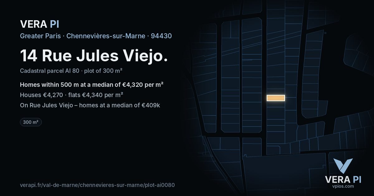 14 Rue Jules Viejo, Chennevières-sur-Marne at night – the plot lit, the parcels around coloured by the prices near them