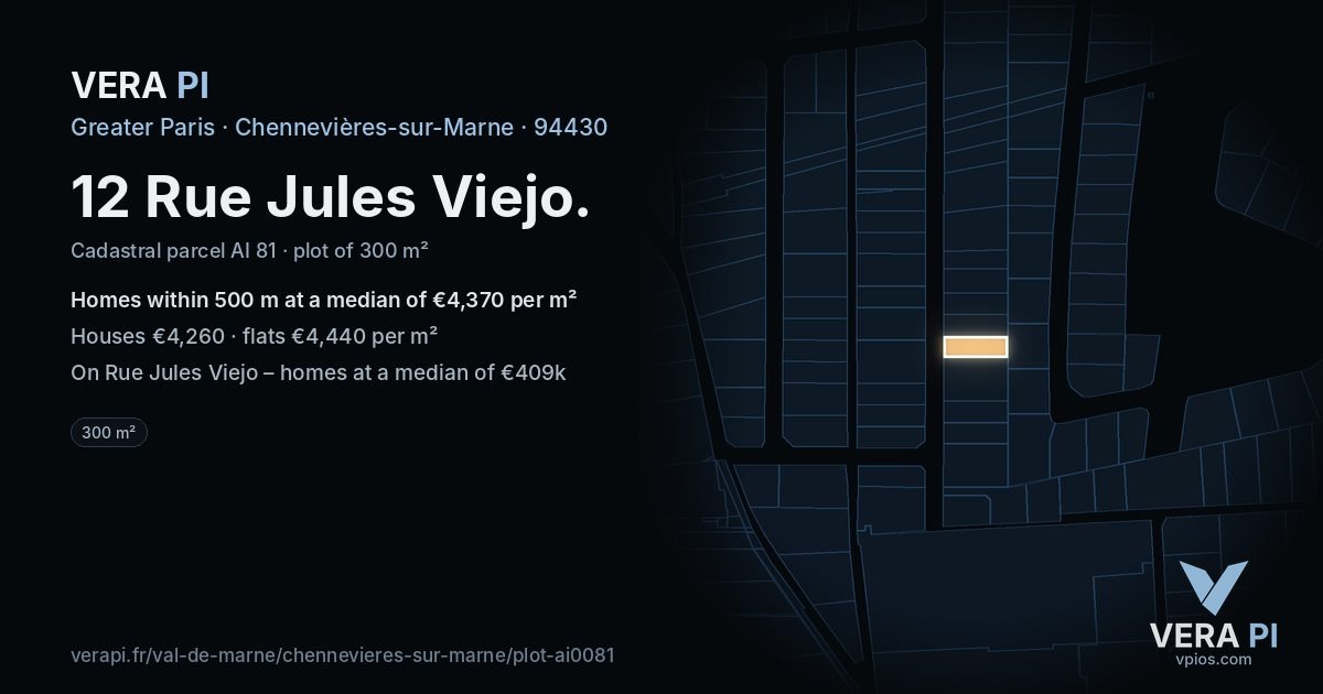 12 Rue Jules Viejo, Chennevières-sur-Marne at night – the plot lit, the parcels around coloured by the prices near them