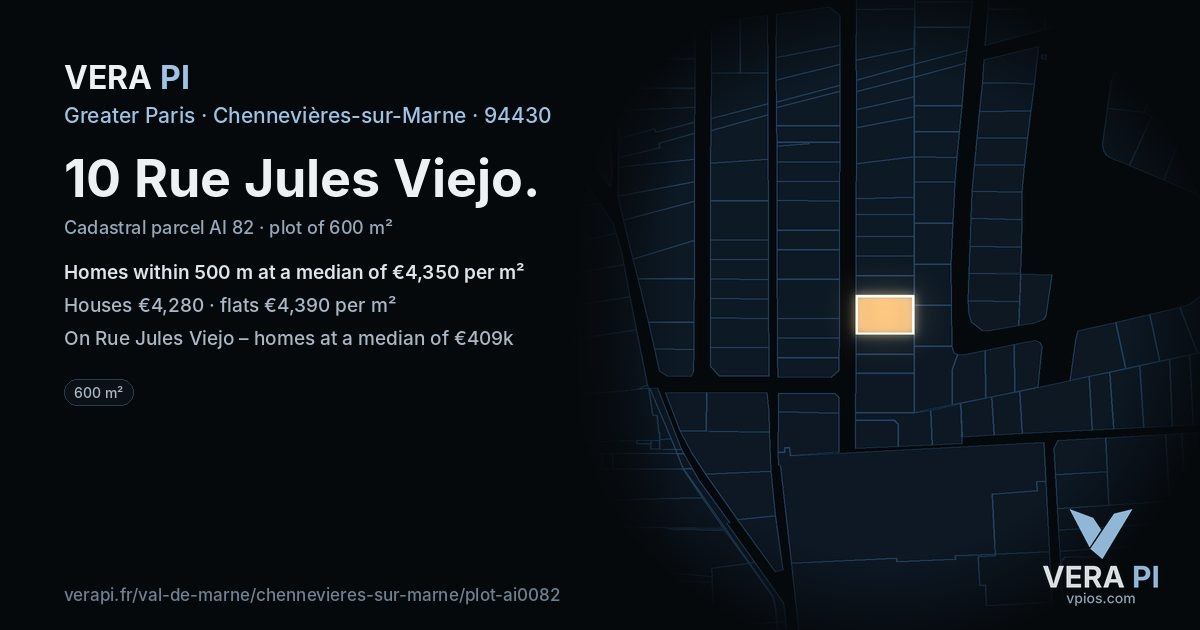 10 Rue Jules Viejo, Chennevières-sur-Marne at night – the plot lit, the parcels around coloured by the prices near them