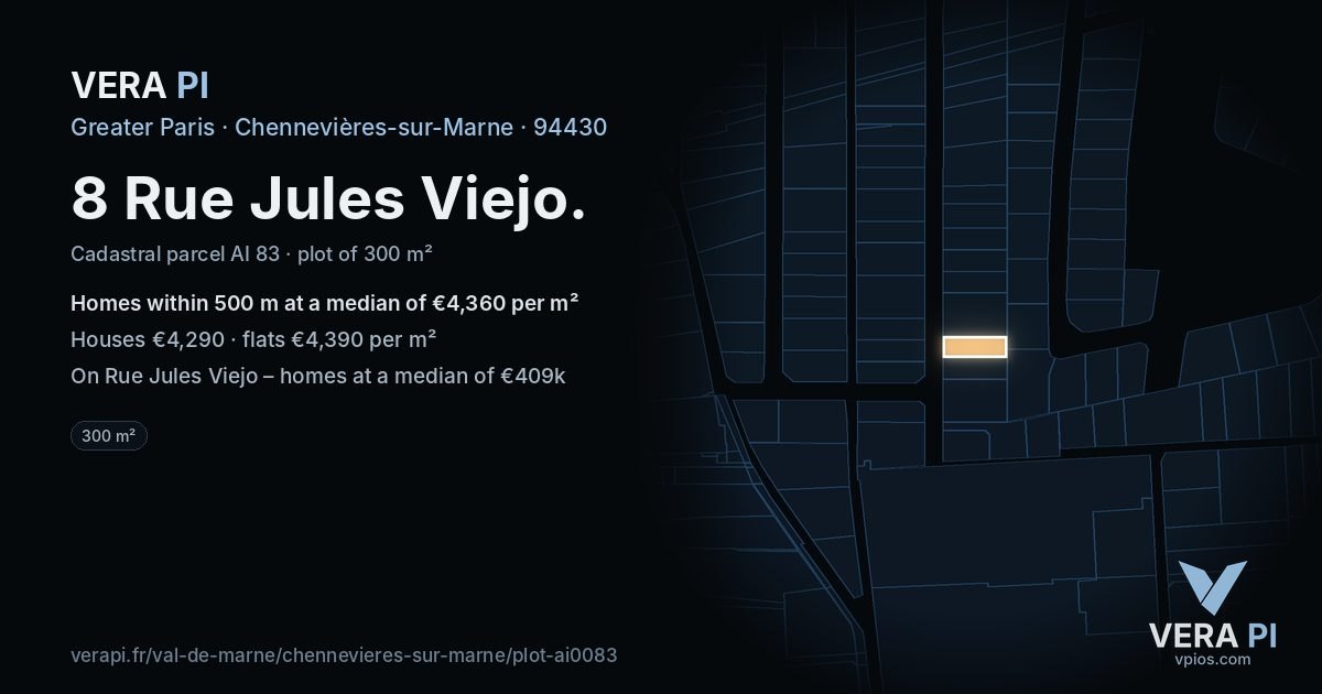 8 Rue Jules Viejo, Chennevières-sur-Marne at night – the plot lit, the parcels around coloured by the prices near them