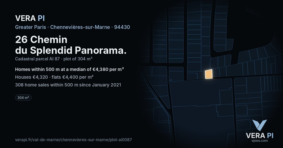 26 Chemin du Splendid Panorama, Chennevières-sur-Marne at night – the plot lit, the parcels around coloured by the prices near them