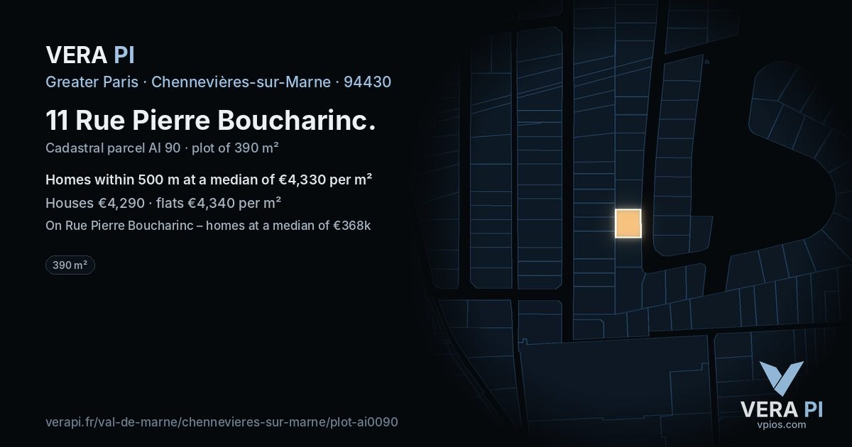 11 Rue Pierre Boucharinc, Chennevières-sur-Marne at night – the plot lit, the parcels around coloured by the prices near them