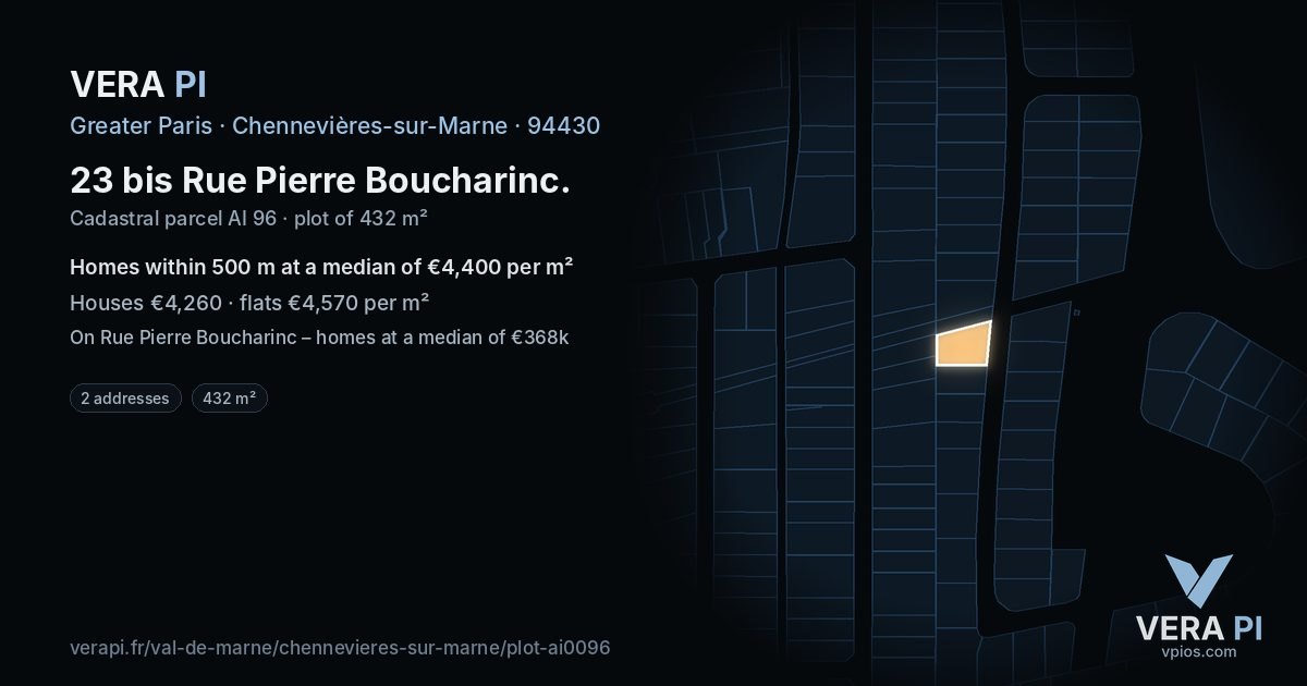 23 bis Rue Pierre Boucharinc, Chennevières-sur-Marne at night – the plot lit, the parcels around coloured by the prices near them