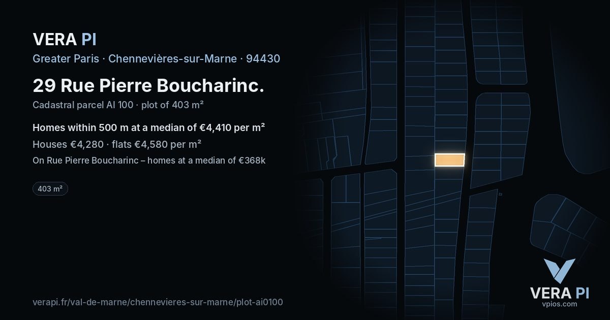 29 Rue Pierre Boucharinc, Chennevières-sur-Marne at night – the plot lit, the parcels around coloured by the prices near them