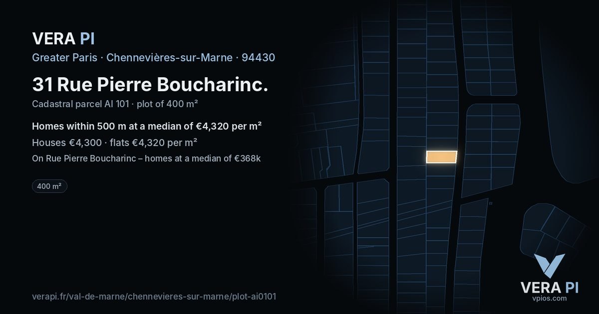 31 Rue Pierre Boucharinc, Chennevières-sur-Marne at night – the plot lit, the parcels around coloured by the prices near them